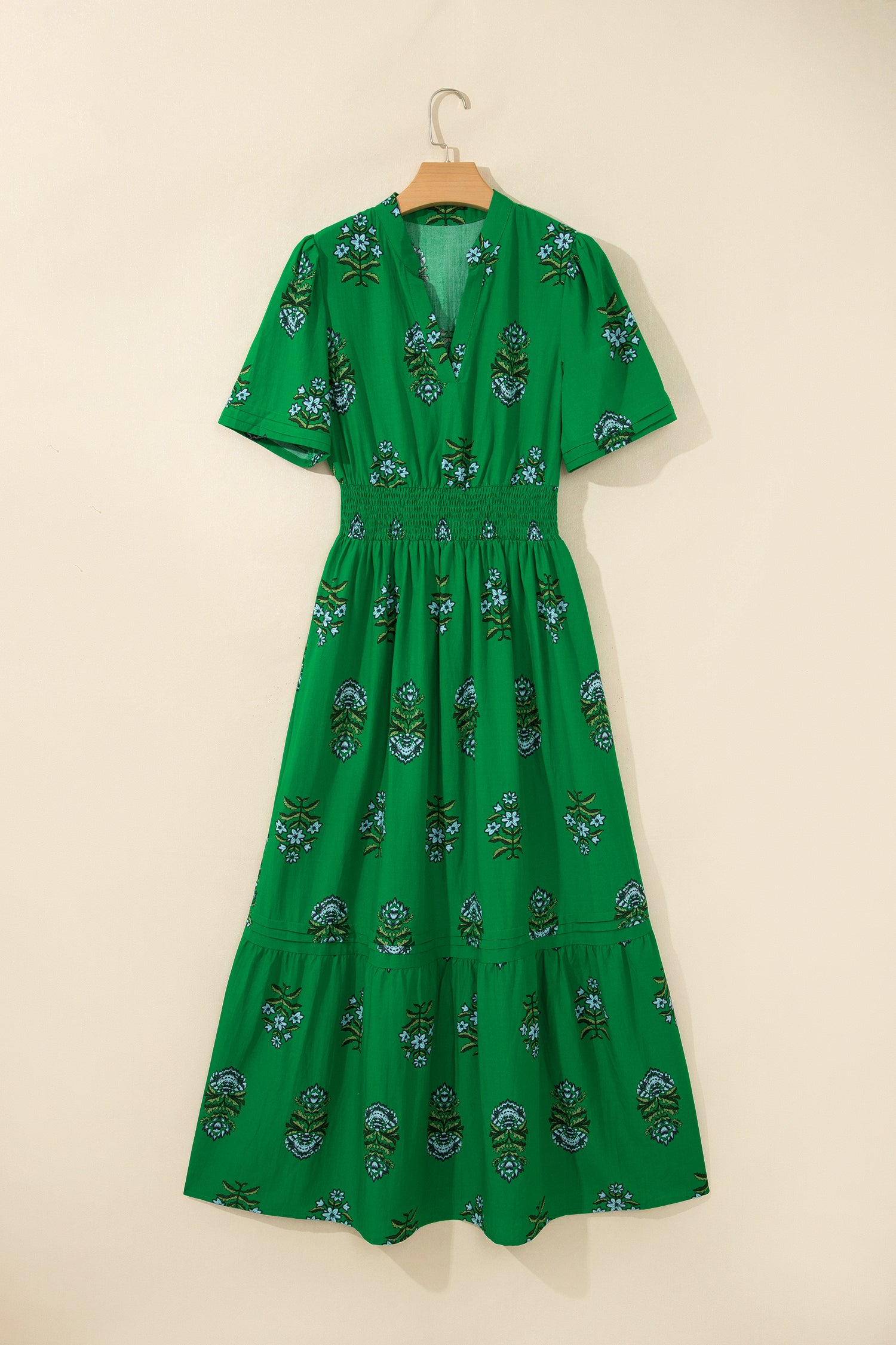 Green Floral Print Split Neck Shirred High Waist Ruffle Hem Maxi Dress