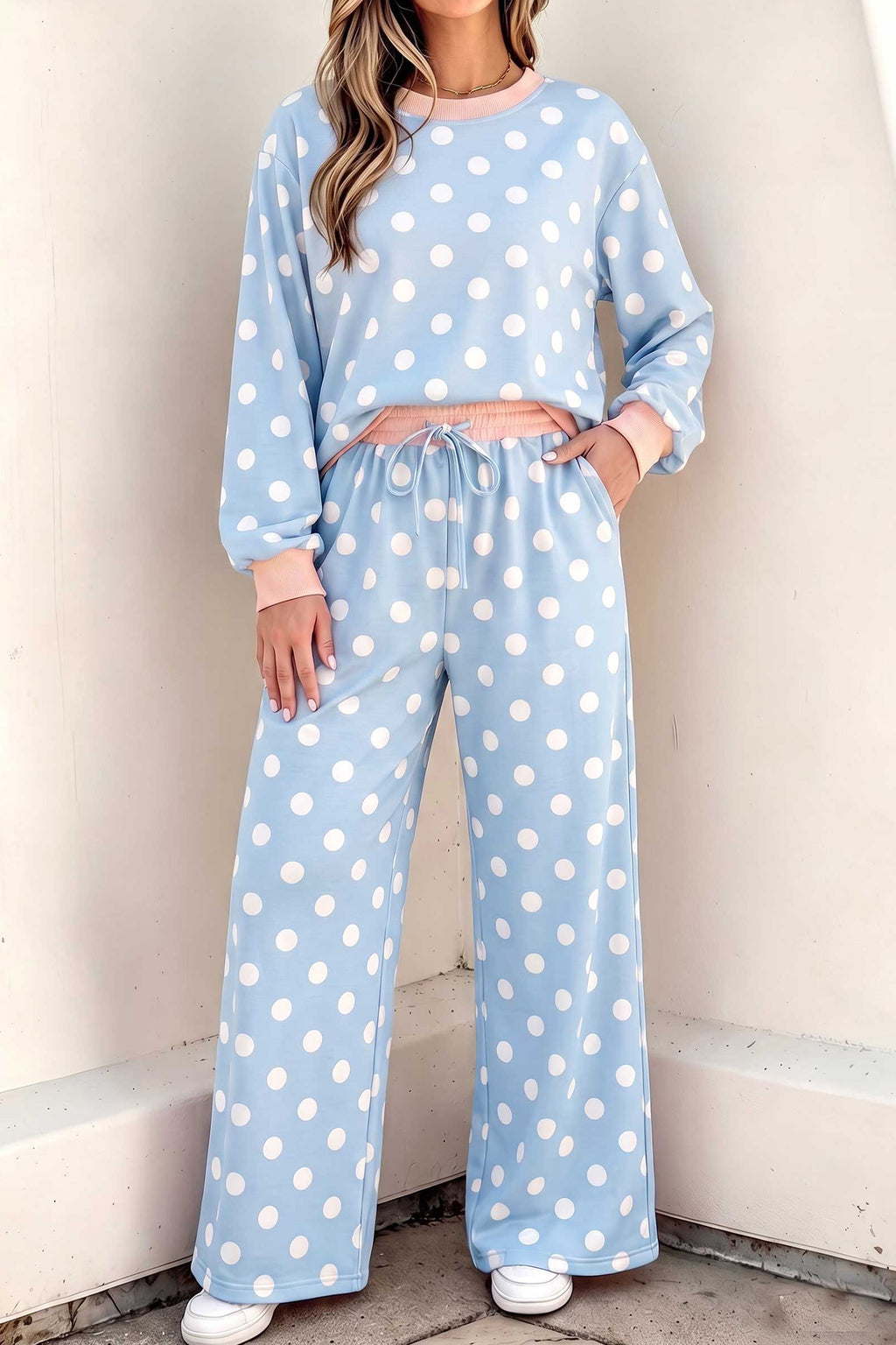 Pink Polka Dot Contrast Trim Long Sleeve Top Drawstring Shift Pants Set