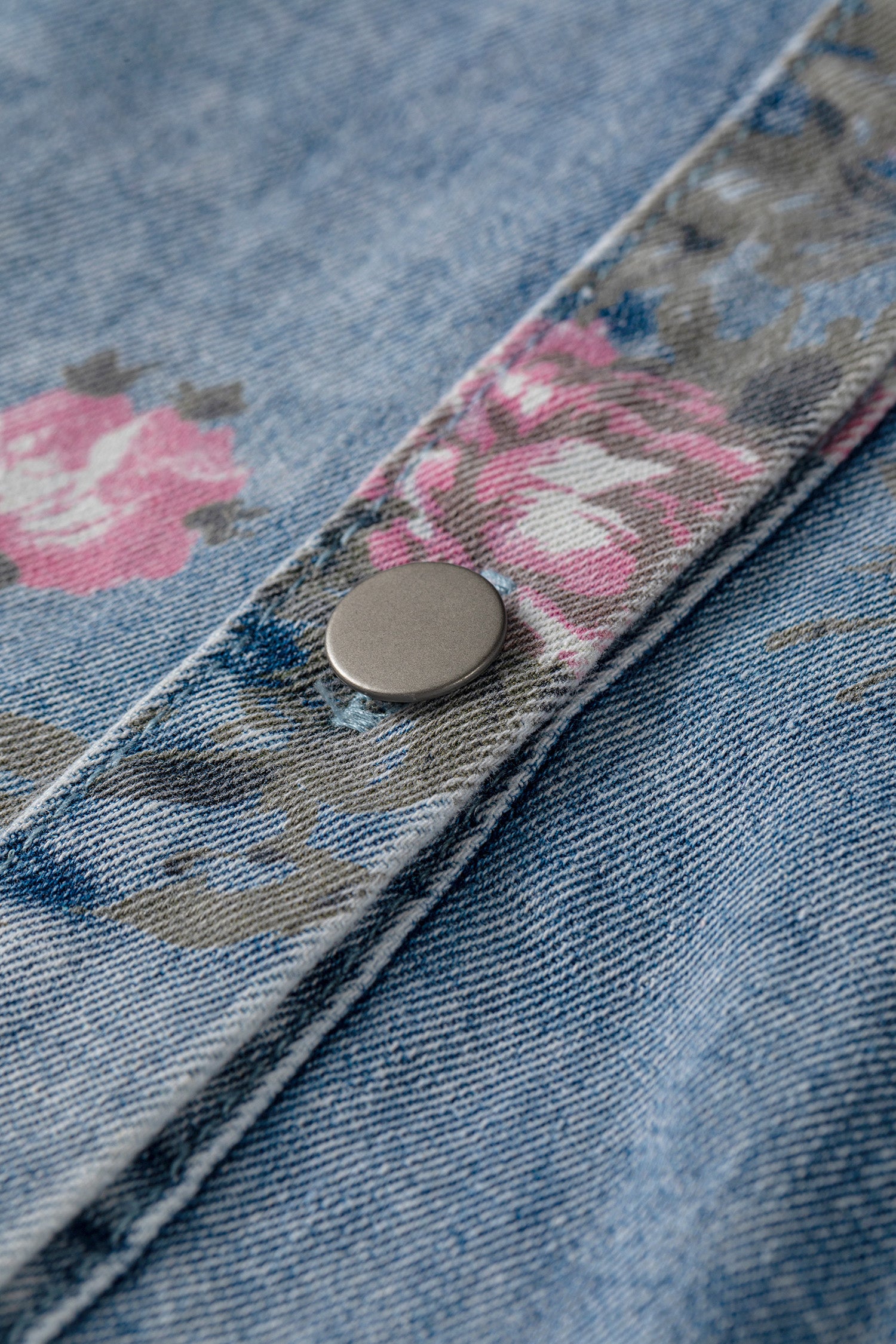 Sky Blue Floral Print Denim Short Sleeve Button Down Dress