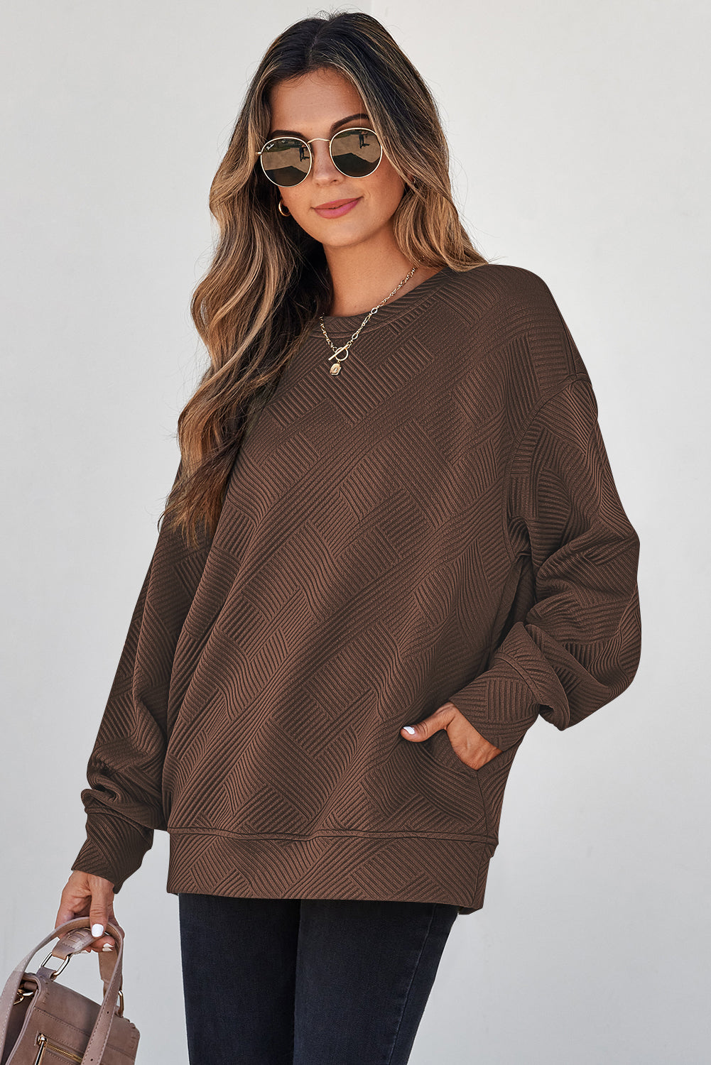 White Solid Color Textured Round Neck Drop Shoulder Pullover Sweatshirt