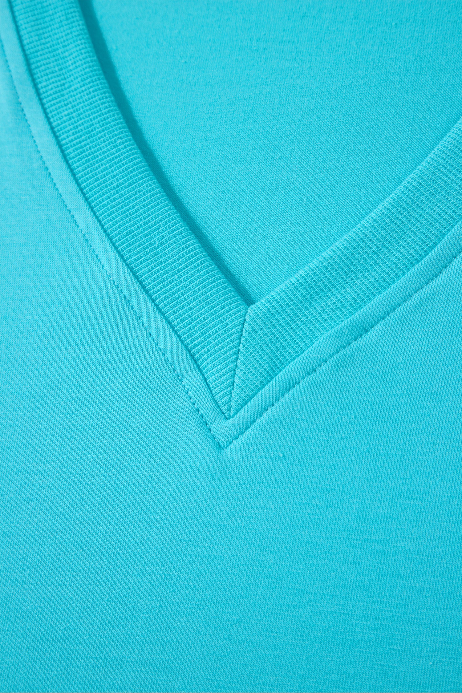 Turquoise Solid Color V Neck Short Puff Sleeve Blouse