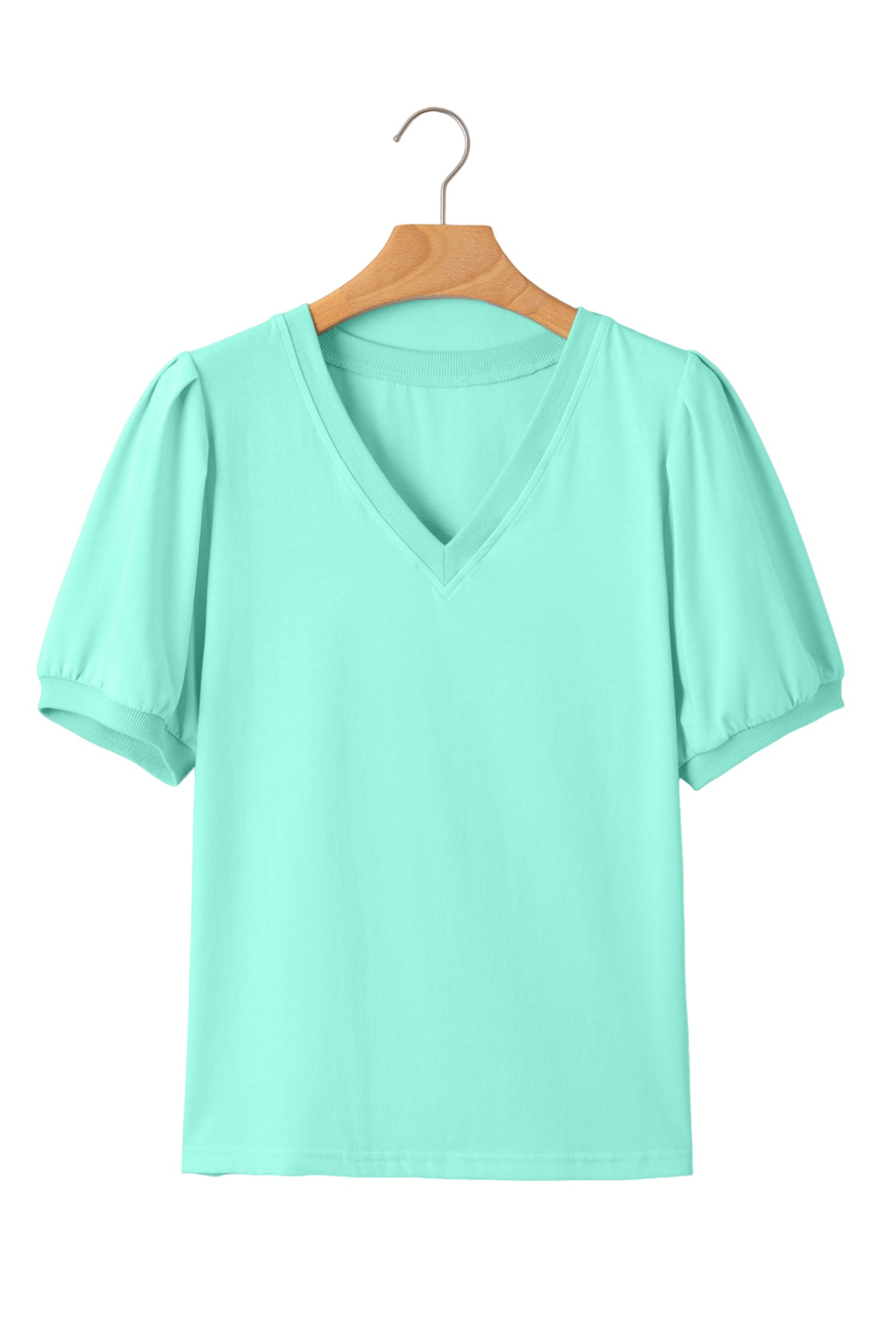 Mint Green Solid Color V Neck Short Puff Sleeve Blouse