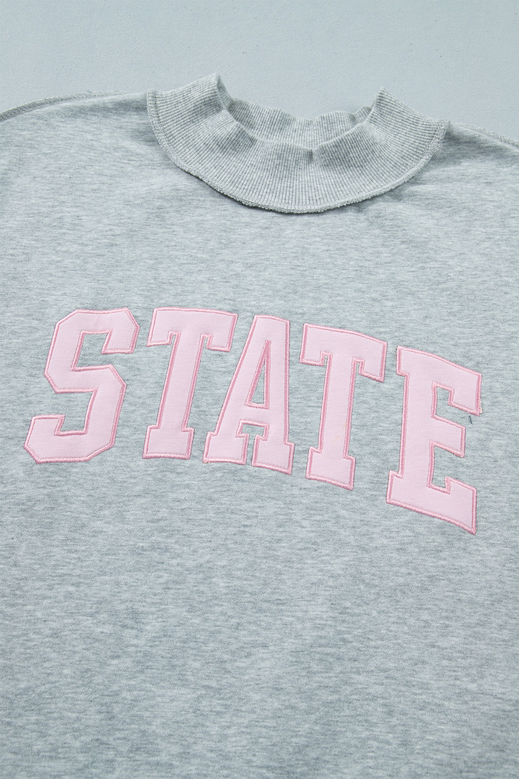 Light Grey Exposed Seam Mock Neck Letter Embroidered Loose Sweatshirt