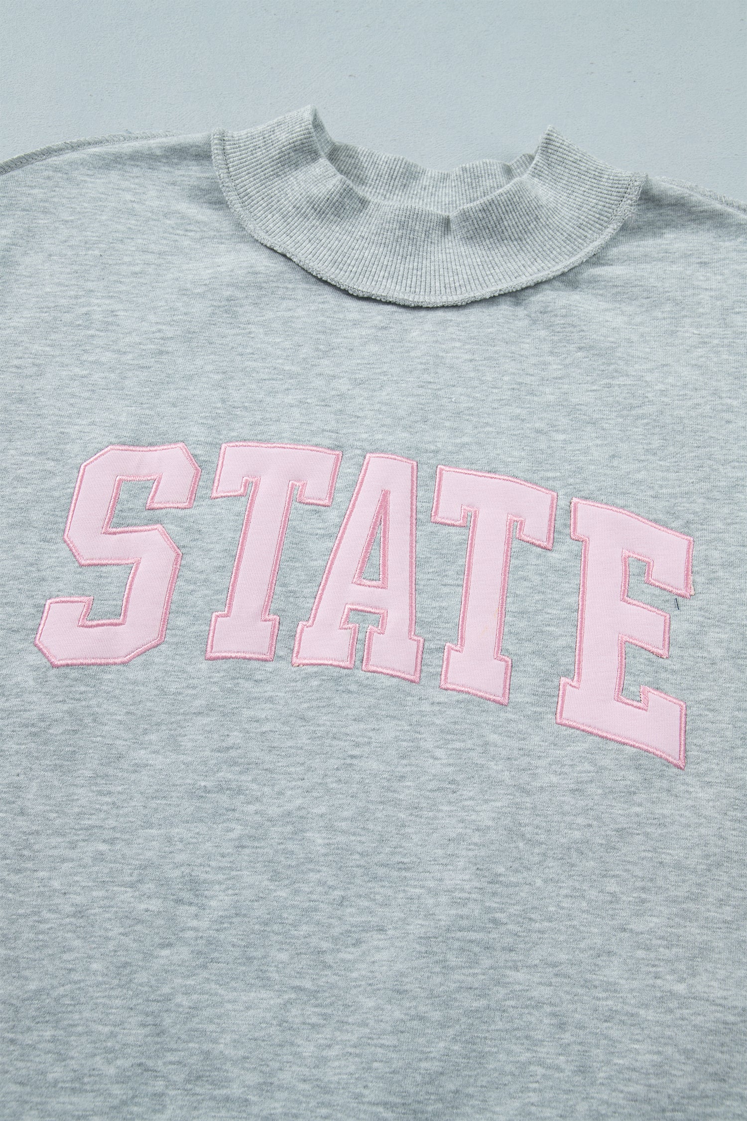 Light Grey Exposed Seam Mock Neck Letter Embroidered Loose Sweatshirt