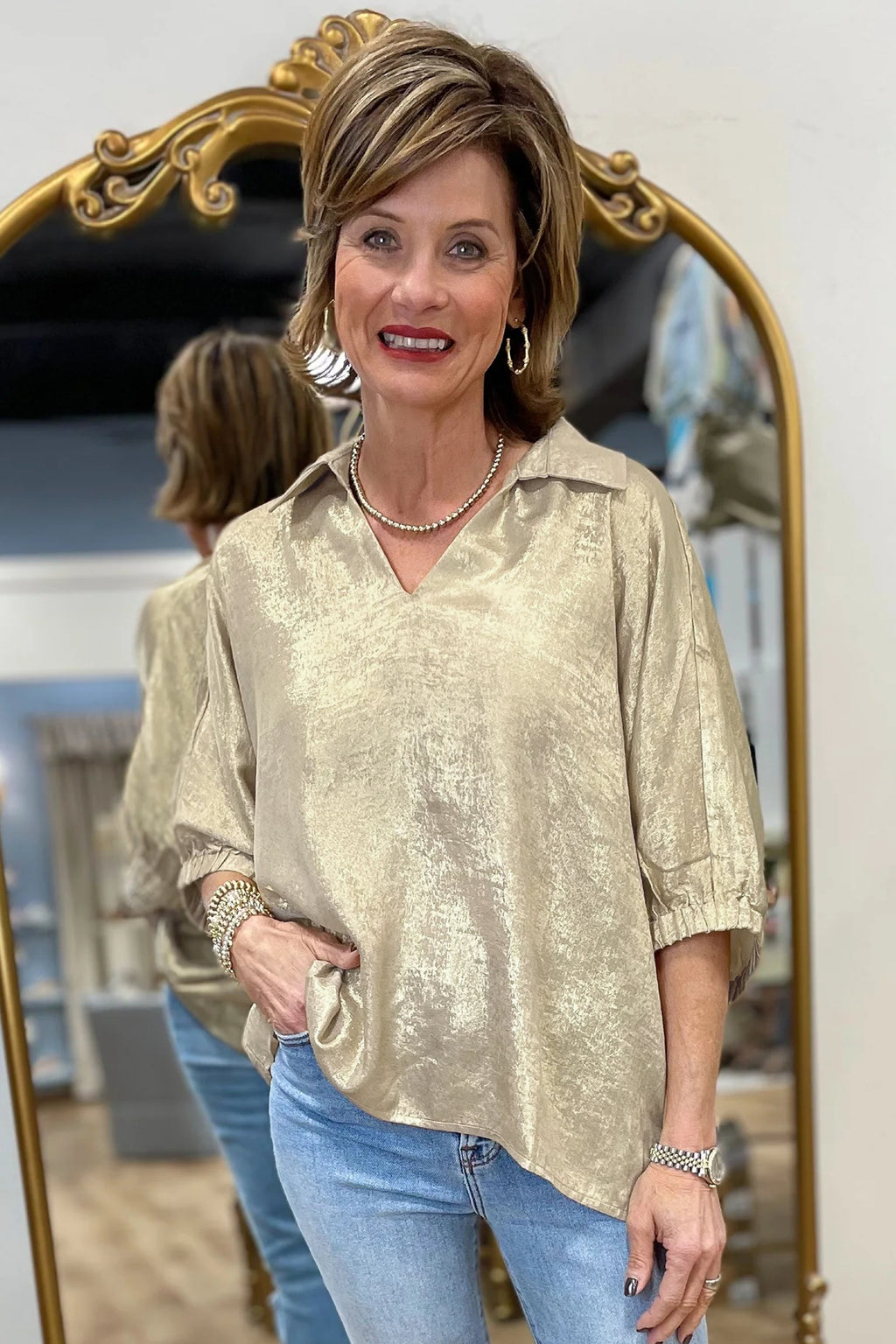Clearly Aqua Collared V Neck Half Sleeve Metallic Top